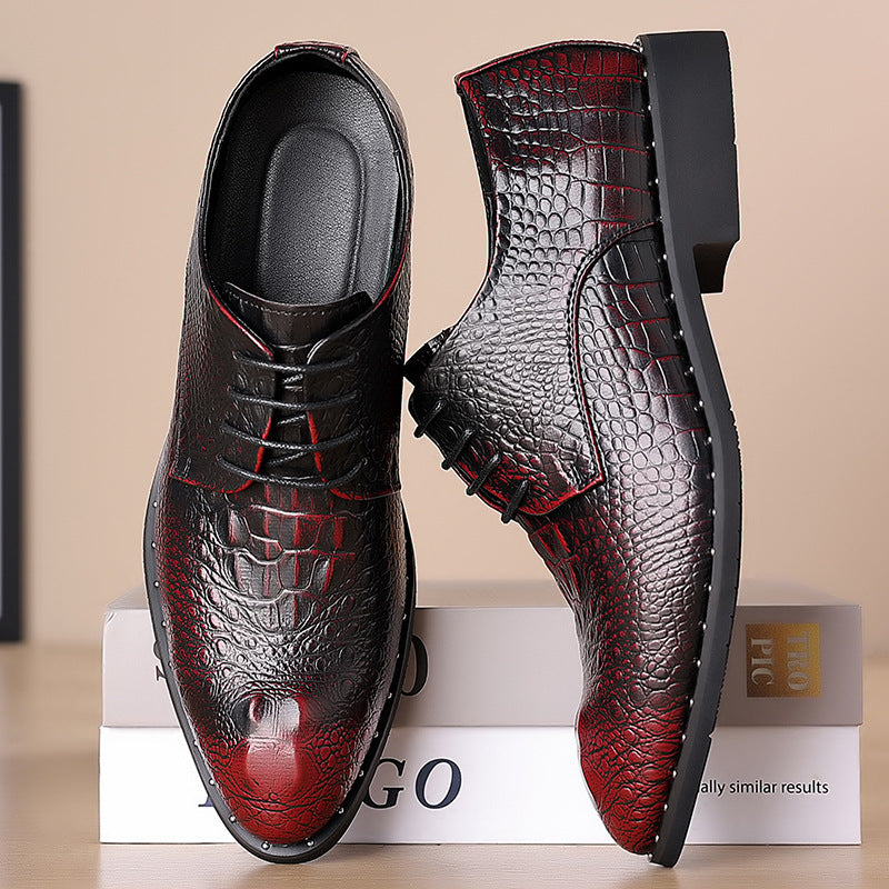 Burgundy Men's Croc-effect lace-up dress shoes