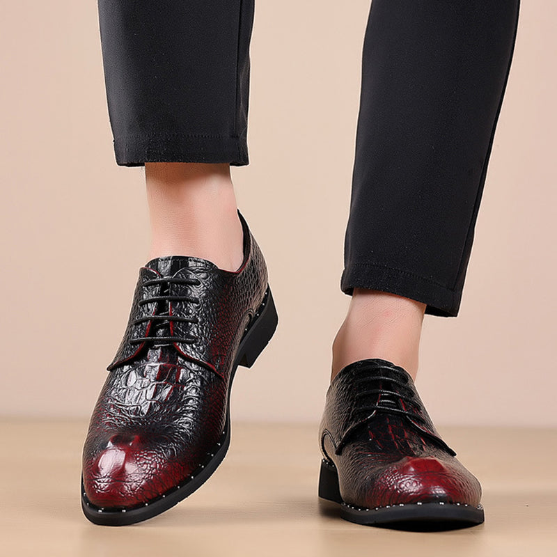Burgundy Men's Croc-effect lace-up dress shoes