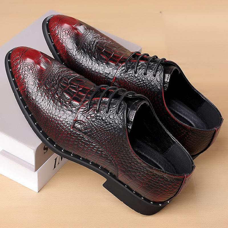 Burgundy Men's Croc-effect lace-up dress shoes