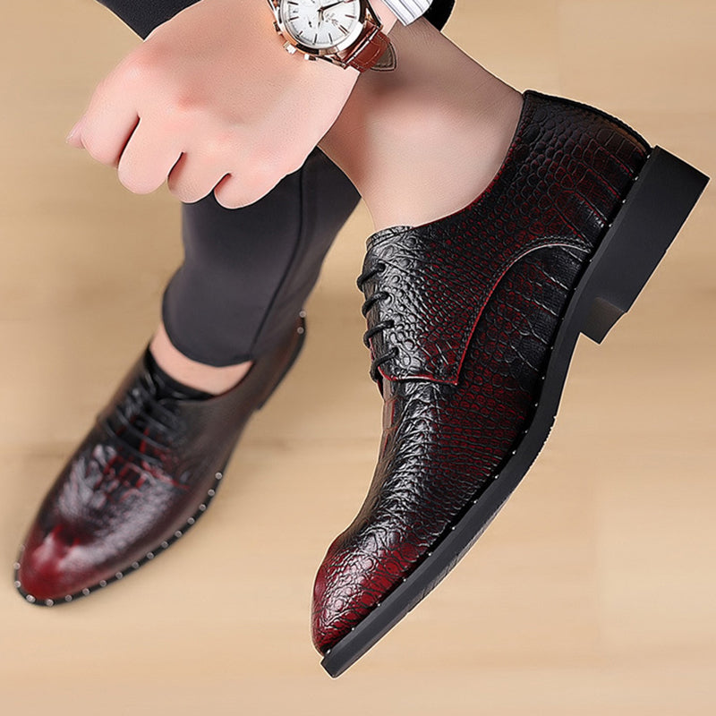 Burgundy Men's Croc-effect lace-up dress shoes