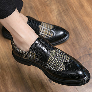 black Men's Tweed Plaid Two Tones Wingtips Oxfords Dress Shoes