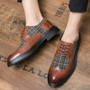 brown Men's Tweed Plaid Two Tones Wingtips Oxfords Dress Shoes