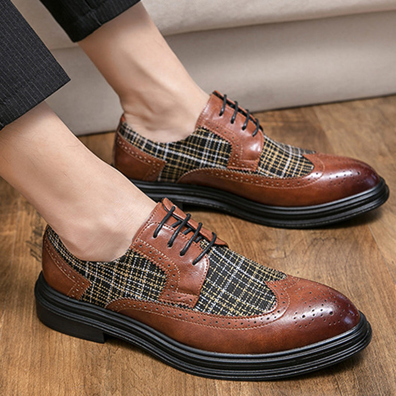 brown Men's Tweed Plaid Two Tones Wingtips Oxfords Dress Shoes