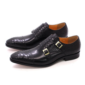 Men's leather crocodile embossed dual strap monk shoes