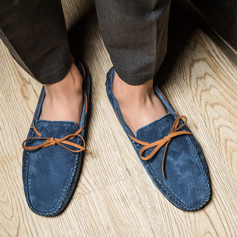 blue Men's bow moccasins shoes anti-skid flat driving shoes