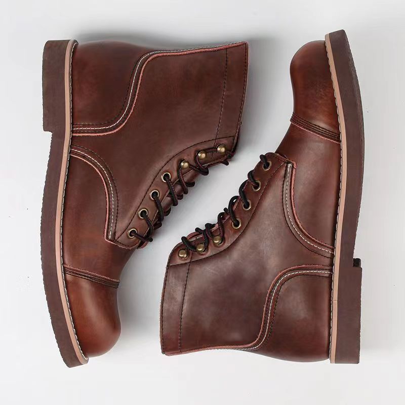 Men's brown leather lace-up ankle boots with retro stithching