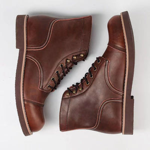 Men's brown leather lace-up ankle boots with retro stithching