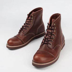 Men's brown leather lace-up ankle boots with retro stithching