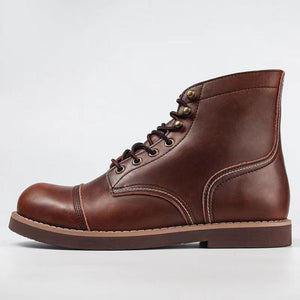 Men's brown leather lace-up ankle boots with retro stithching