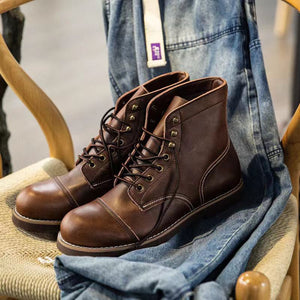 Men's brown leather lace-up ankle boots with retro stithching
