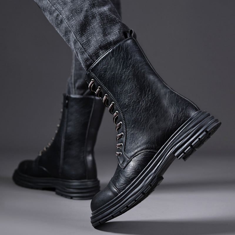 Men's cap toe mid calf lace-up boots with side zipper