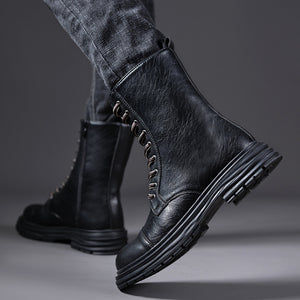 black Men's cap toe mid calf lace-up boots with side zipper