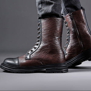 Men's cap toe mid calf lace-up boots with side zipper