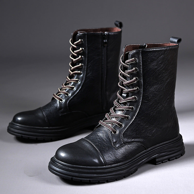 Men's cap toe mid calf lace-up boots with side zipper