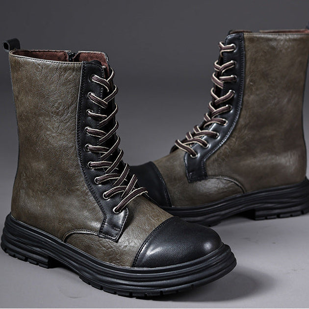 green Men's cap toe mid calf lace-up boots with side zipper