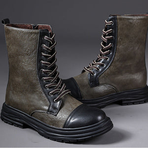 green Men's cap toe mid calf lace-up boots with side zipper