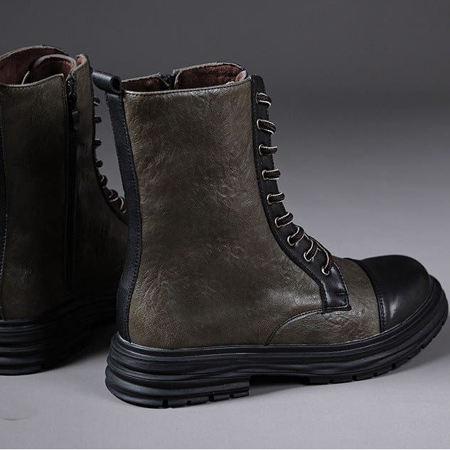 green Men's cap toe mid calf lace-up boots with side zipper