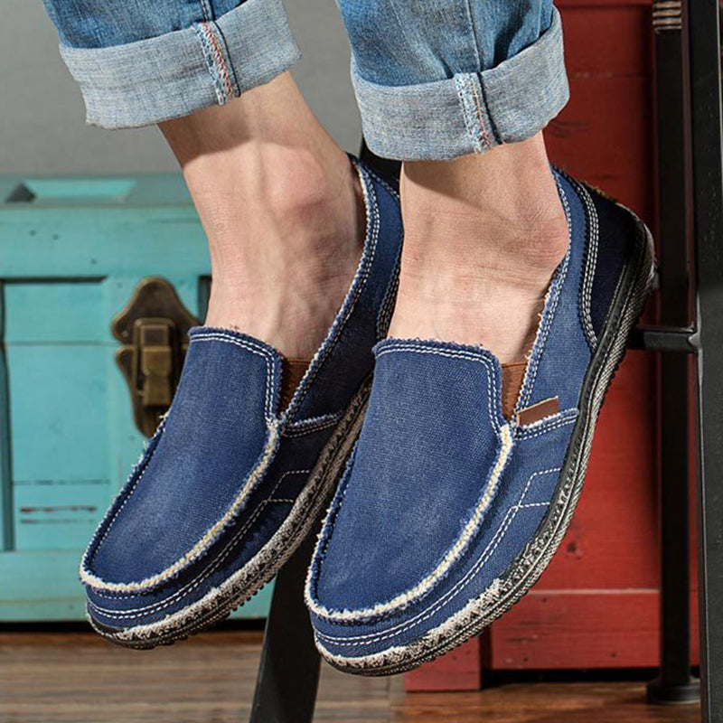 blue Men's distressed cvanvas loafers