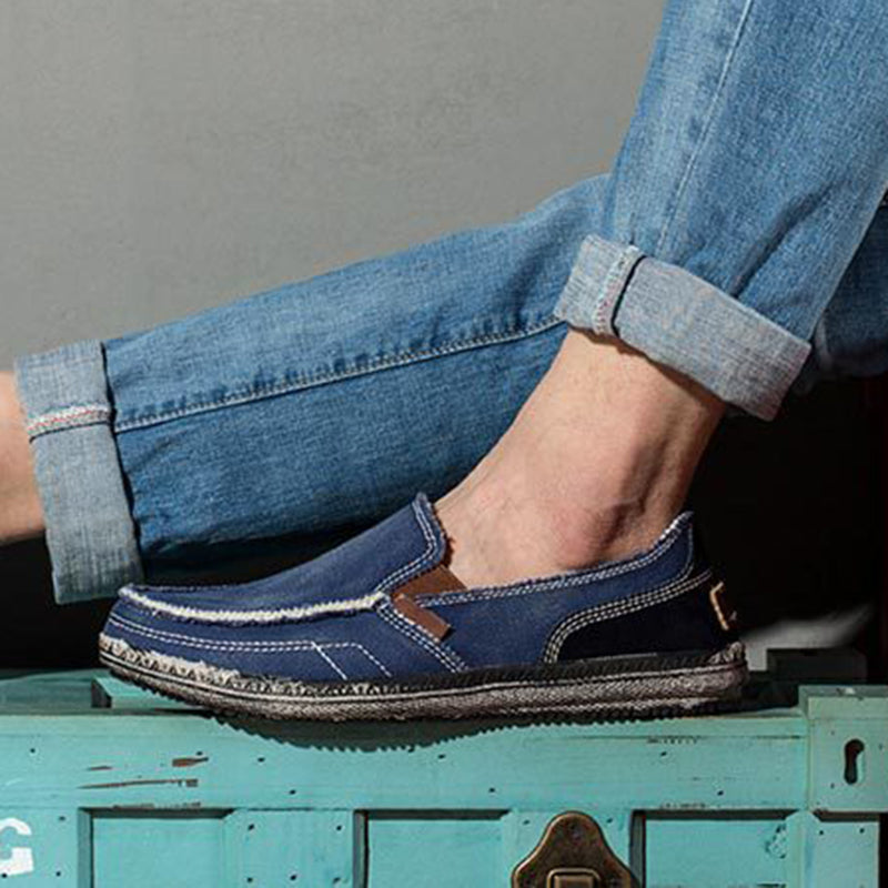 blue Men's distressed cvanvas loafers