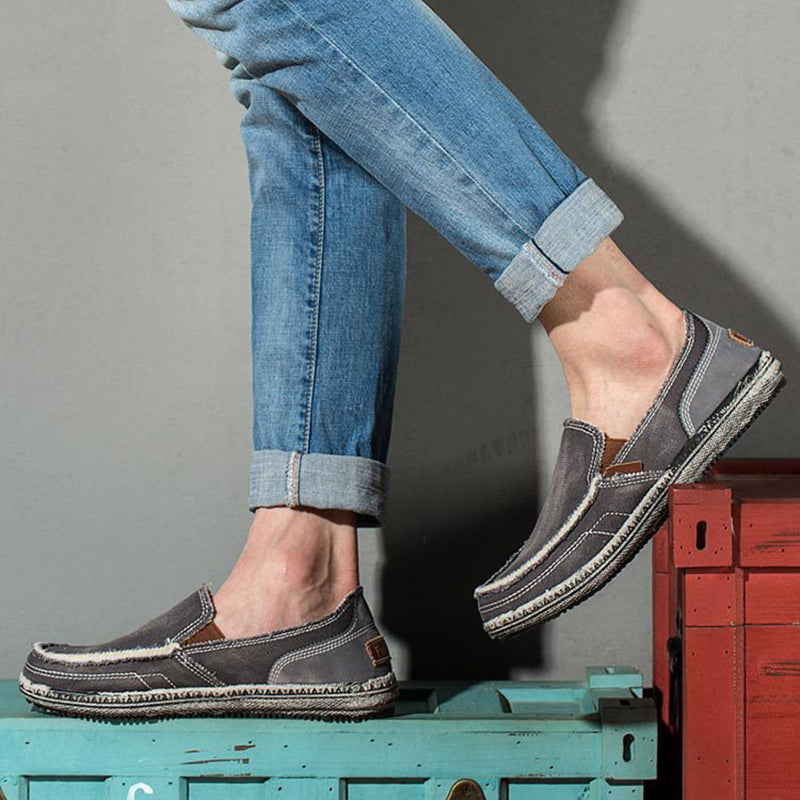 gray Men's distressed cvanvas loafers