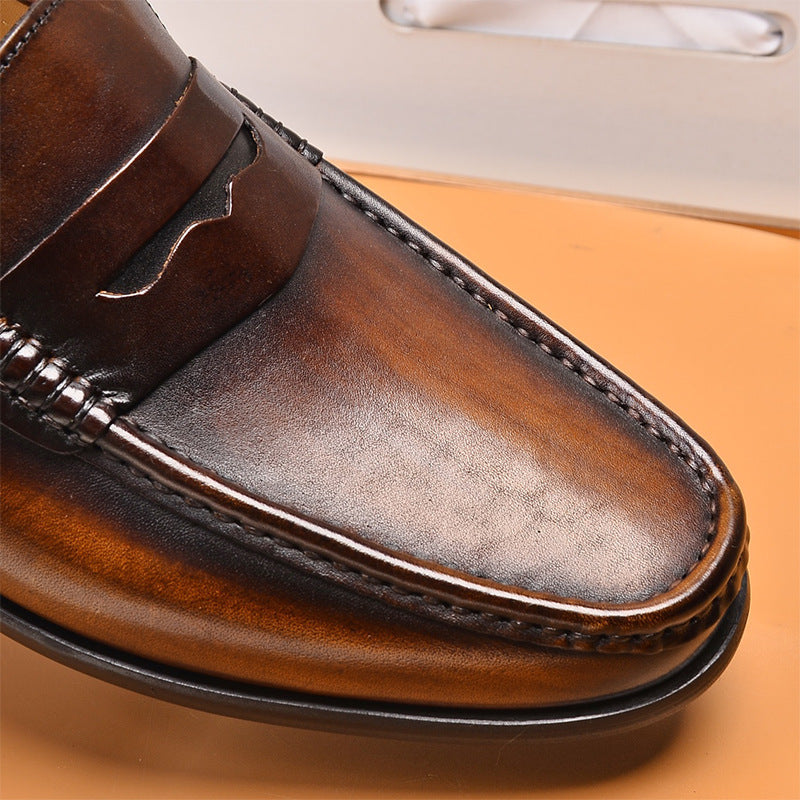 brown Men's distressed leather penny loafers business shoes