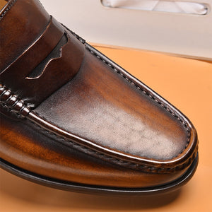 brown Men's distressed leather penny loafers business shoes