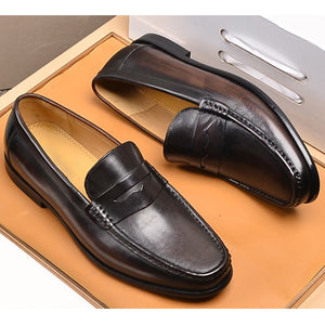 black Men's distressed leather penny loafers business shoes
