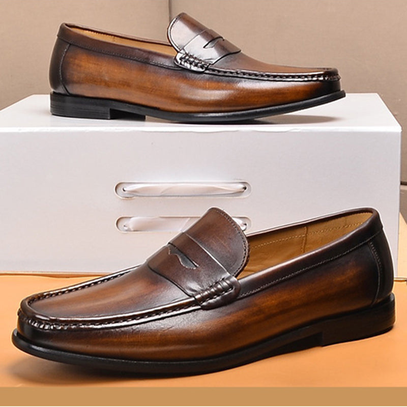brown Men's distressed leather penny loafers business shoes