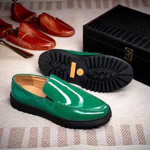green Men's fashion PU patent leather loafers