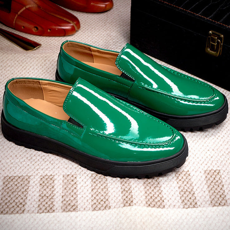 green Men's fashion PU patent leather loafers