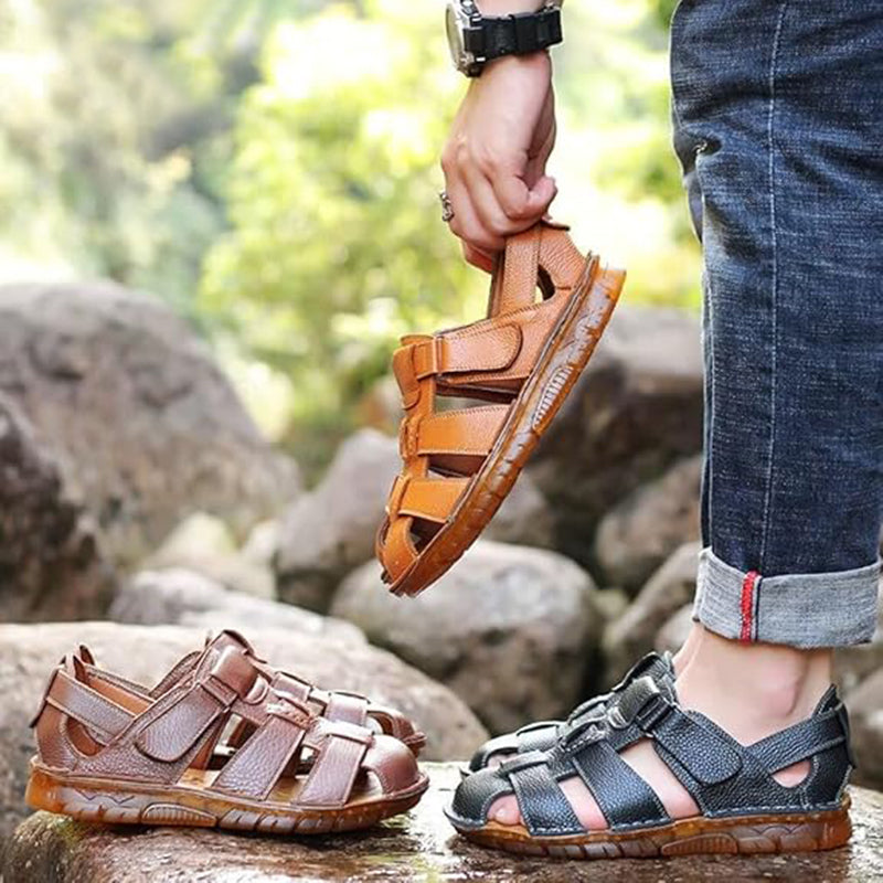black Men's fisherman velcro sandals with closed toe