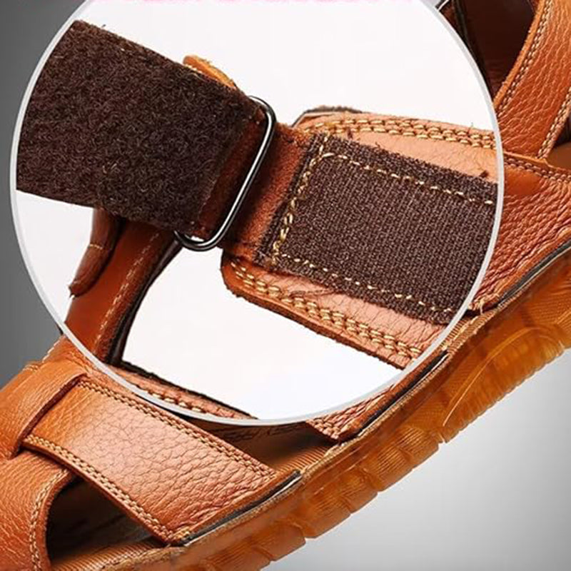 brown Men's fisherman velcro sandals with closed toe