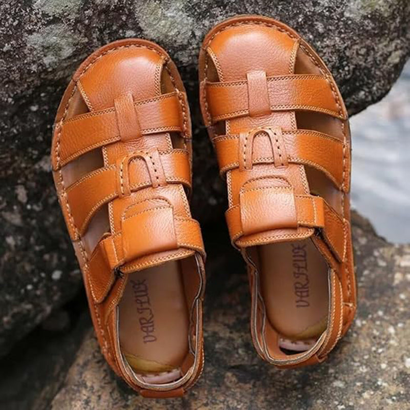 brown Men's fisherman velcro sandals with closed toe