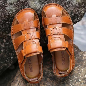 brown Men's fisherman velcro sandals with closed toe