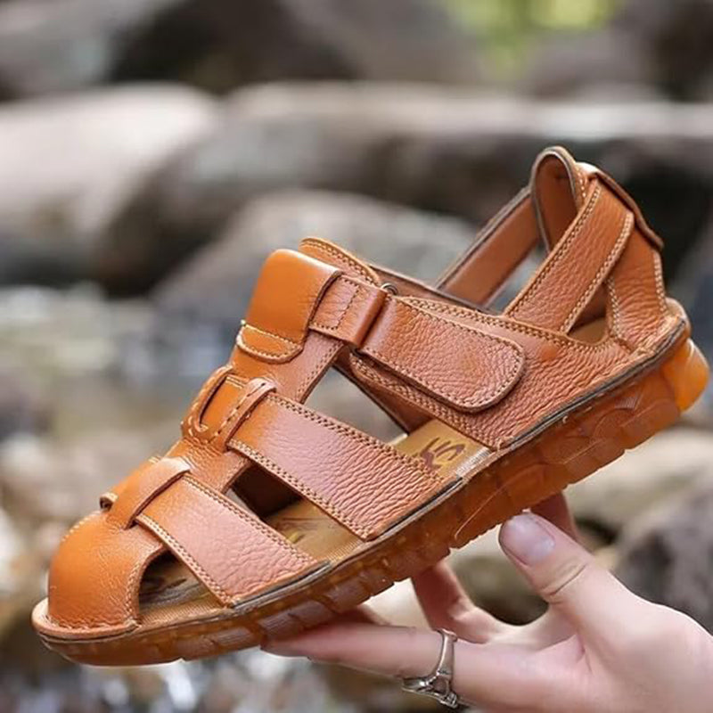 brown Men's fisherman velcro sandals with closed toe
