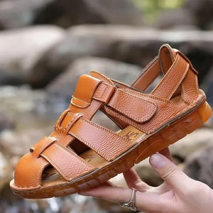 brown Men's fisherman velcro sandals with closed toe