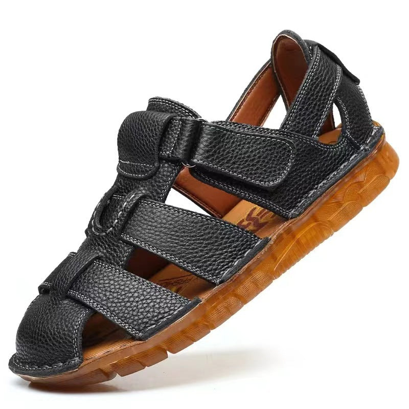 black Men's fisherman velcro sandals with closed toe