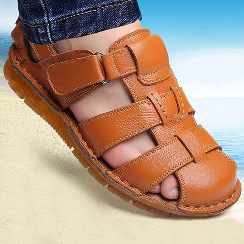brown Men's fisherman velcro sandals with closed toe