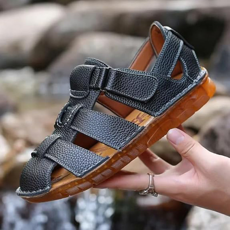 black Men's fisherman velcro sandals with closed toe