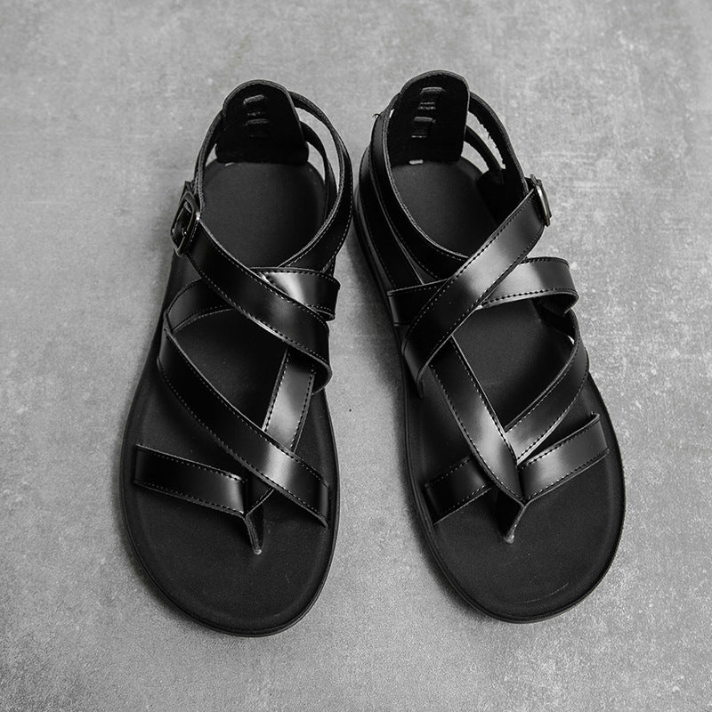 black Men's gladiator thong sandals with buckle