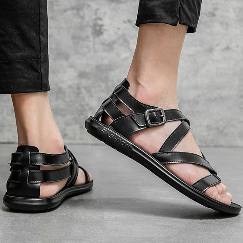 black Men's gladiator thong sandals with buckle