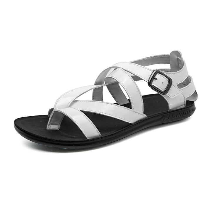 white Men's gladiator thong sandals with buckle