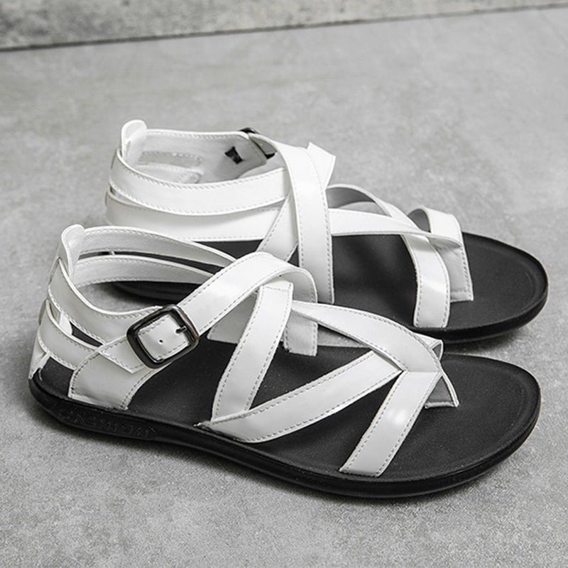 white Men's gladiator thong sandals with buckle