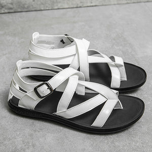 white Men's gladiator thong sandals with buckle