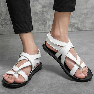 white Men's gladiator thong sandals with buckle