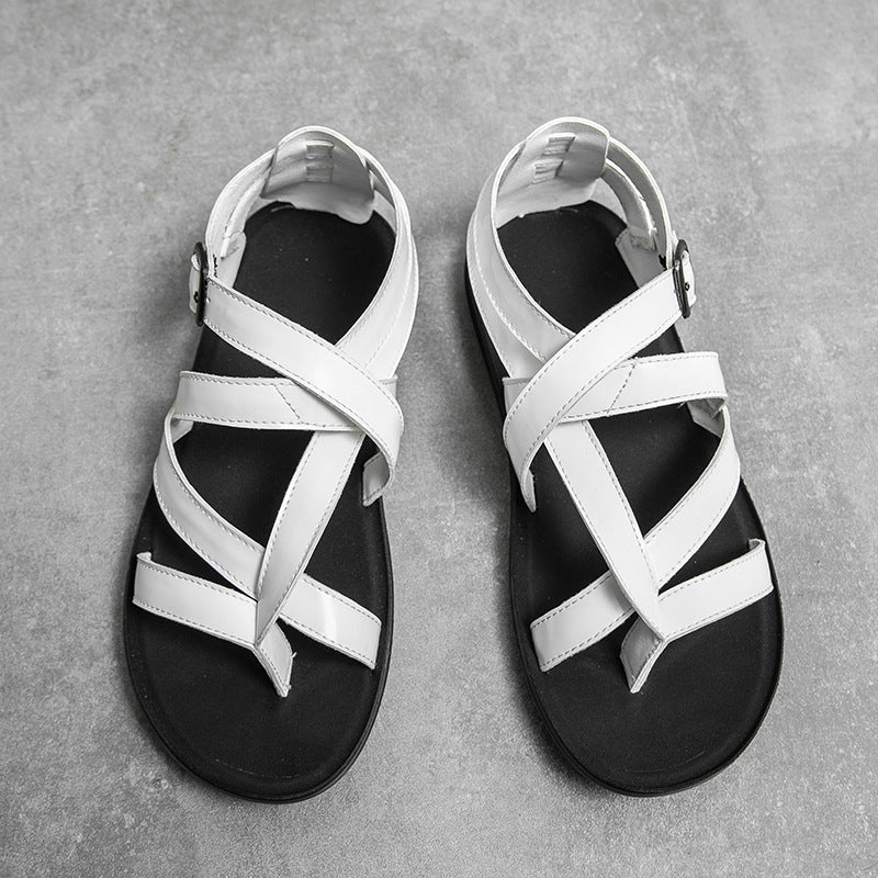 white Men's gladiator thong sandals with buckle