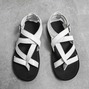 white Men's gladiator thong sandals with buckle