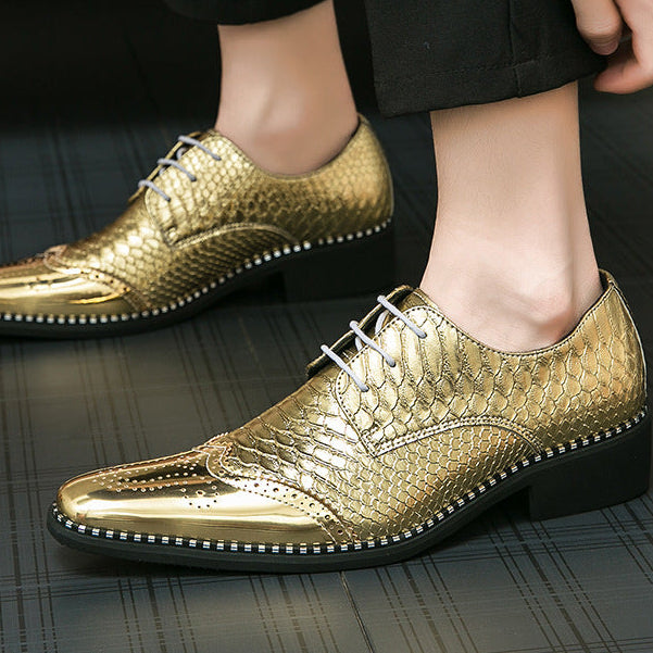 gold Men's gold alligator patterned oxfords shoes