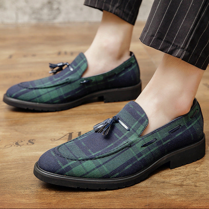 green Men's green plaid tassels loafers