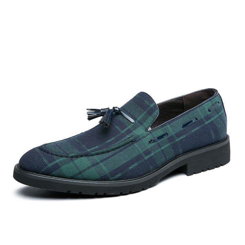 green Men's green plaid tassels loafers